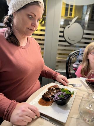 We stopped at a place Sarah found and it was one of the best meals I've had. This was the day after Thanksgiving, so we treated ourselves. She's eating duck. I had steak. Kids had a mix of stuff including fondue. Beautifully presented and tasted amazing.